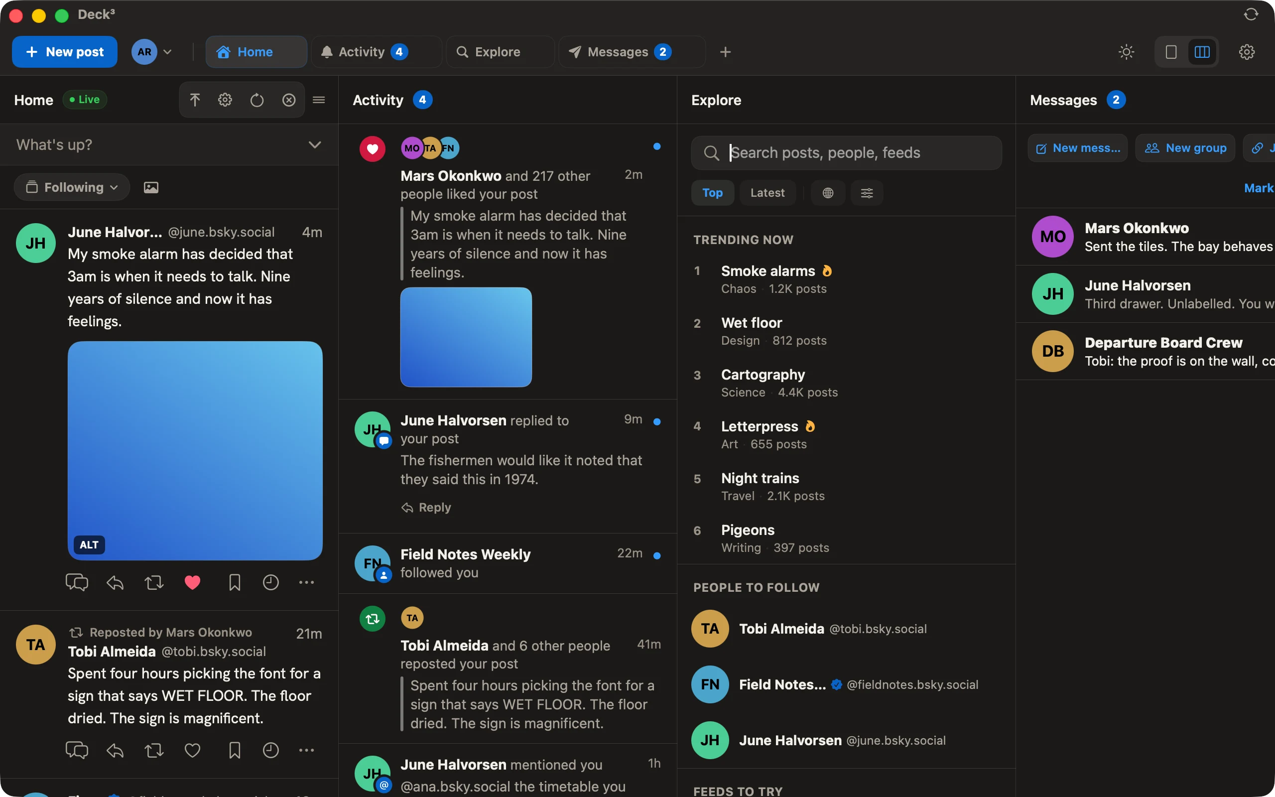 Home, Activity, Explore and Messages side by side, every column live.