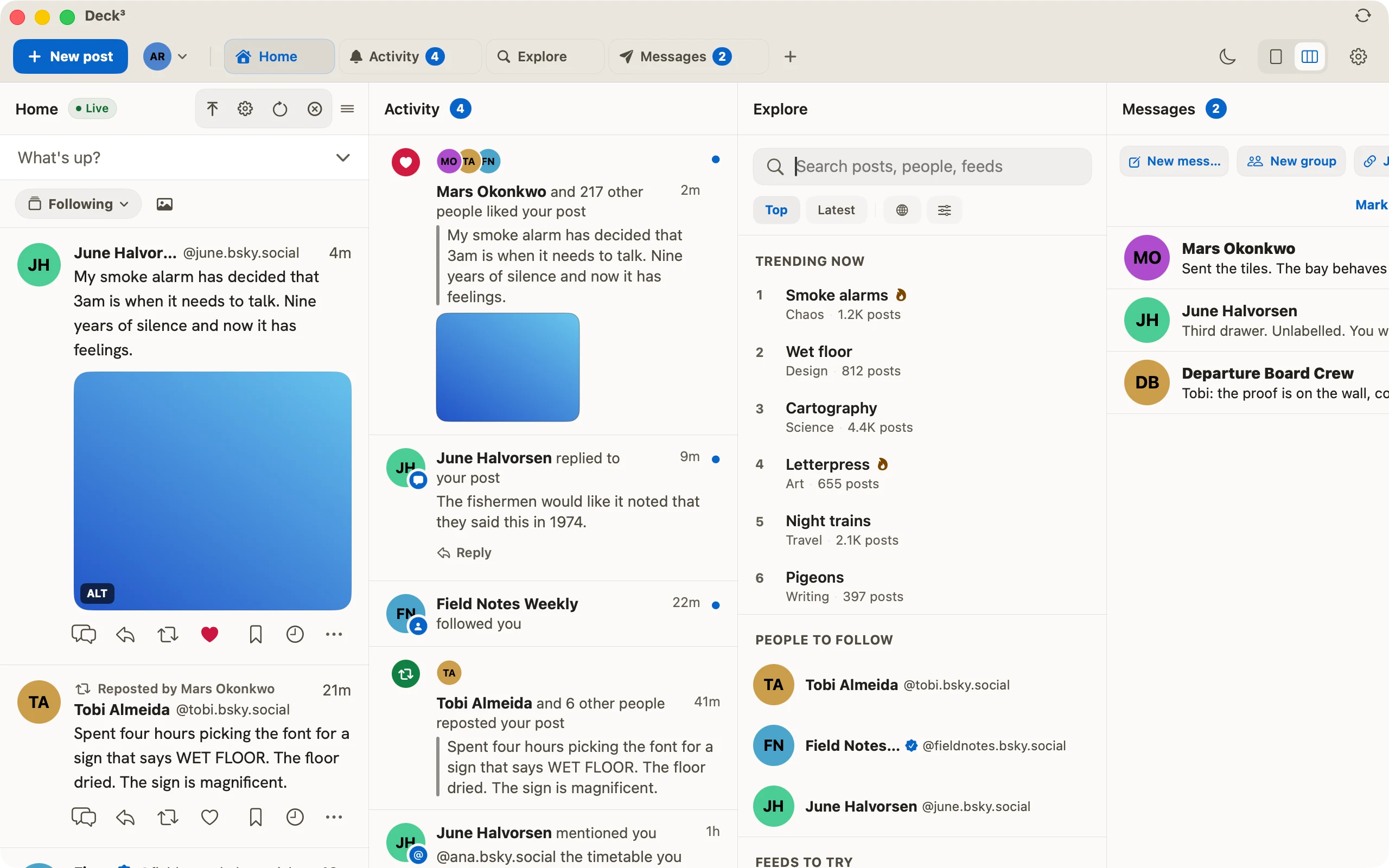 Four columns of one account at once, in the light theme.