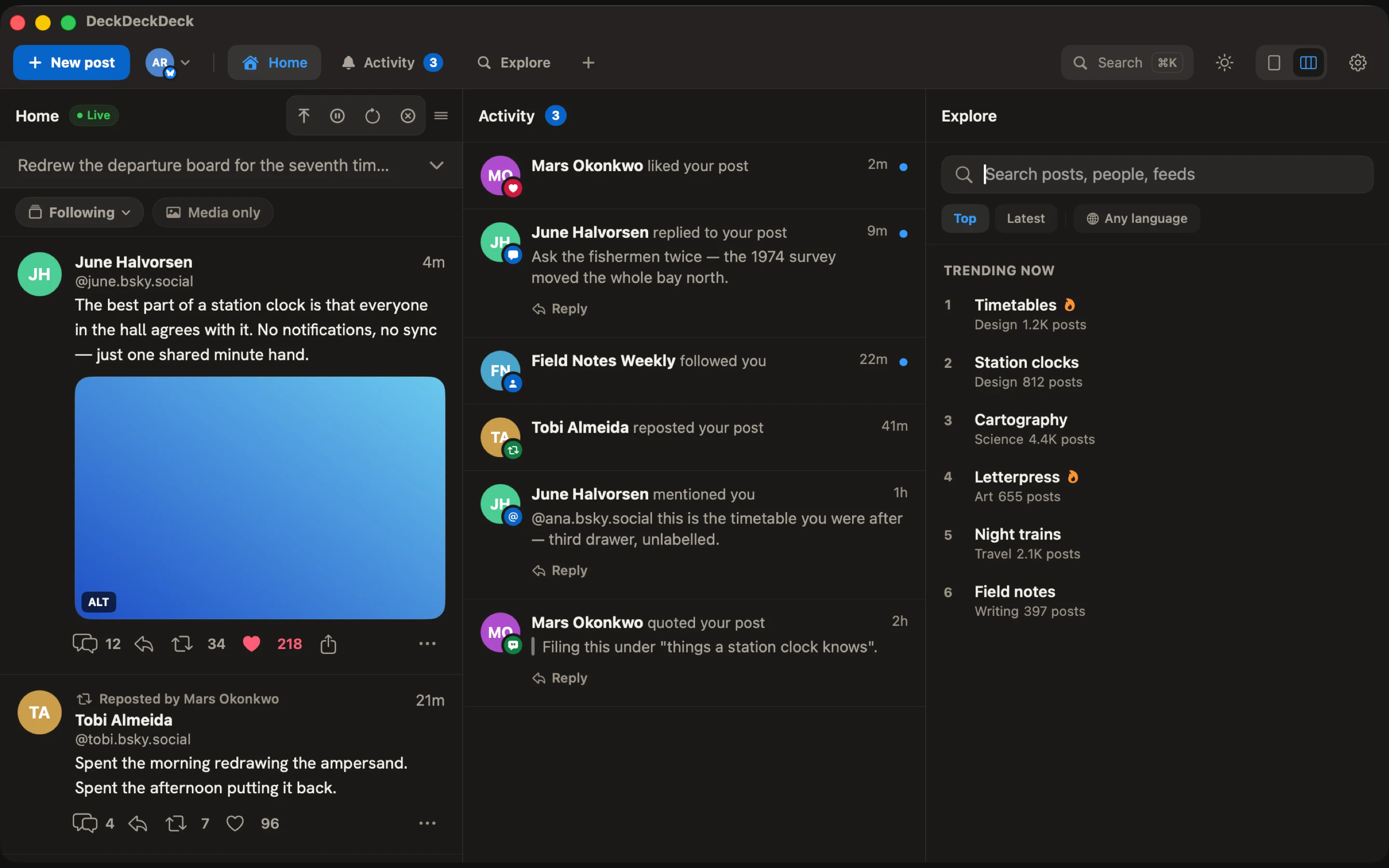 Home, Activity and Explore side by side, every column live.