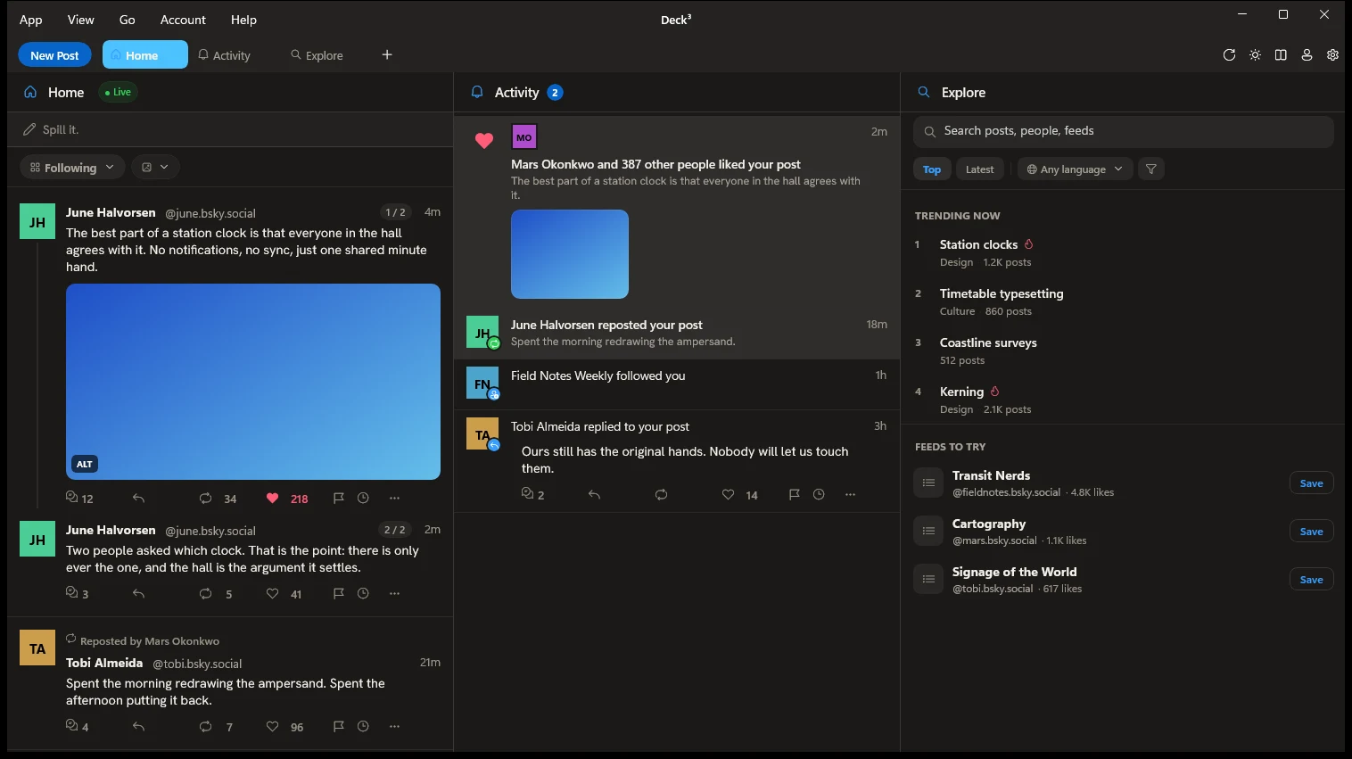 Deck³ on Windows, with Home, Activity and Explore side by side and live.