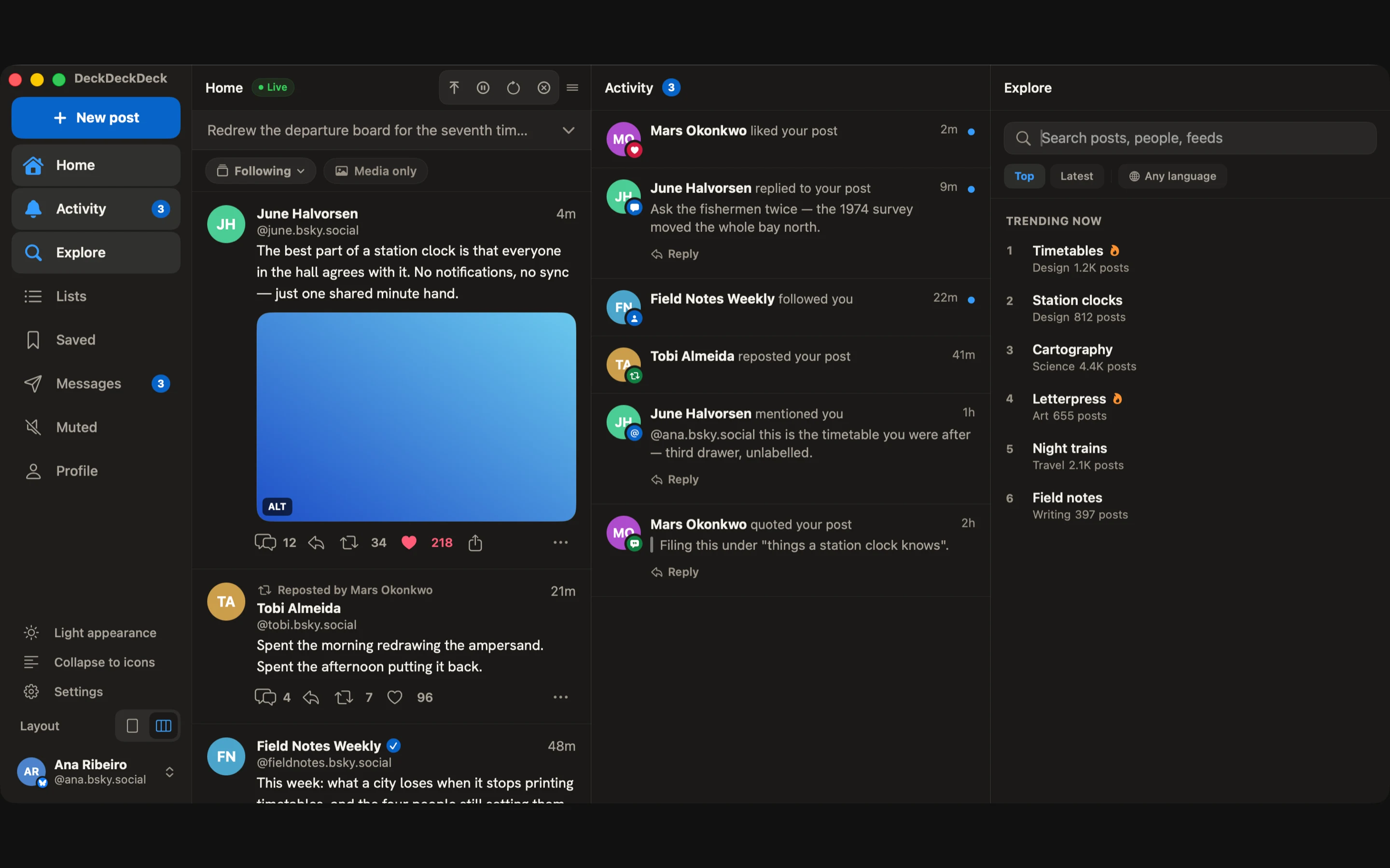 The sidebar open, with the account switcher at the bottom.