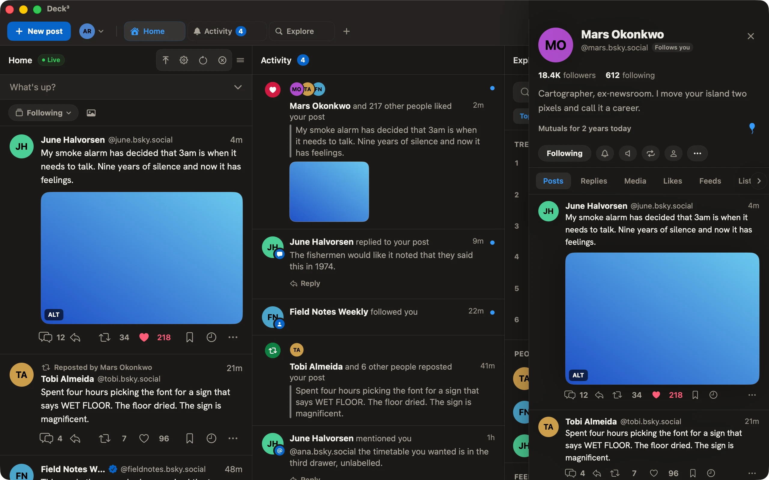 A profile open over the deck, with posts, replies and media.