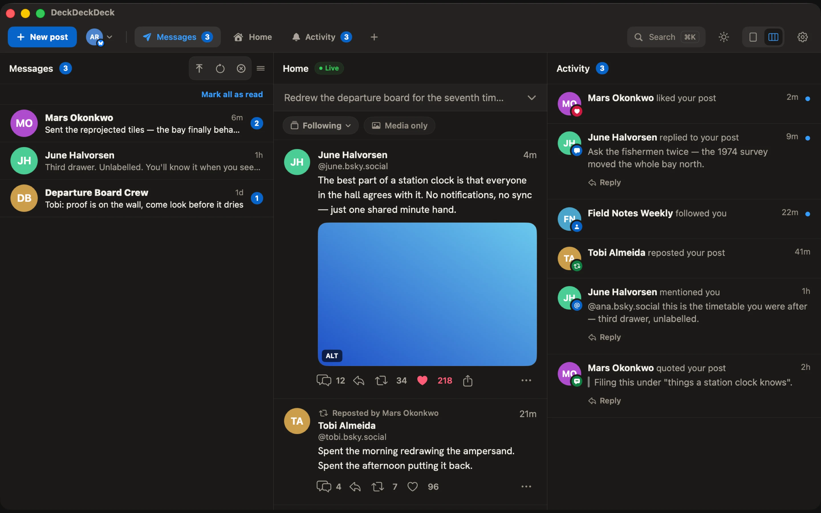 Messages as a pinned column, right next to Home and Activity.