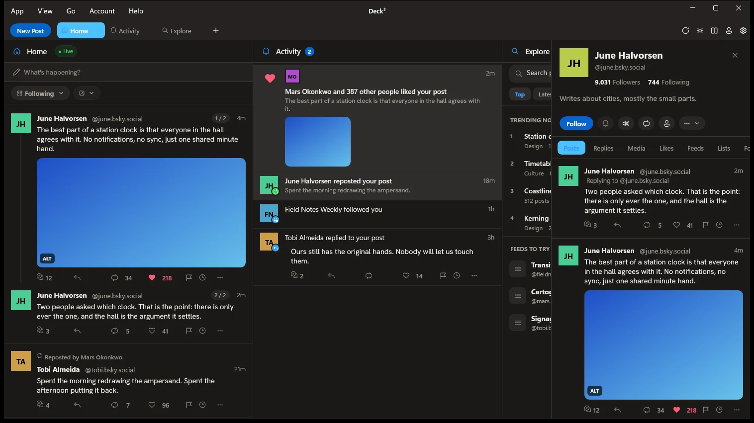 The profile panel over the deck: followers, the bio, posts and replies.