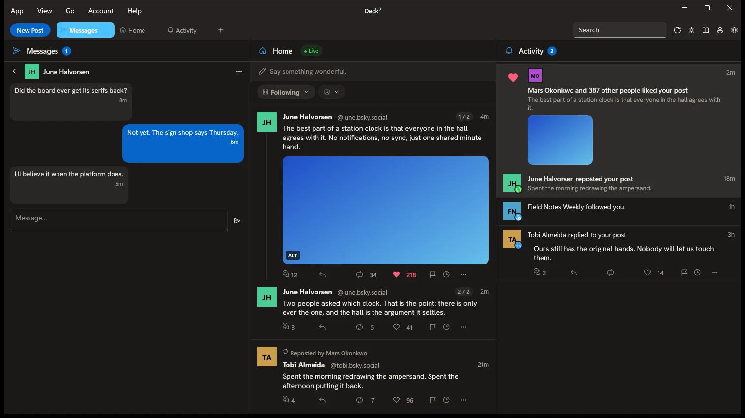 Direct messages in a column, next to Home and Activity.