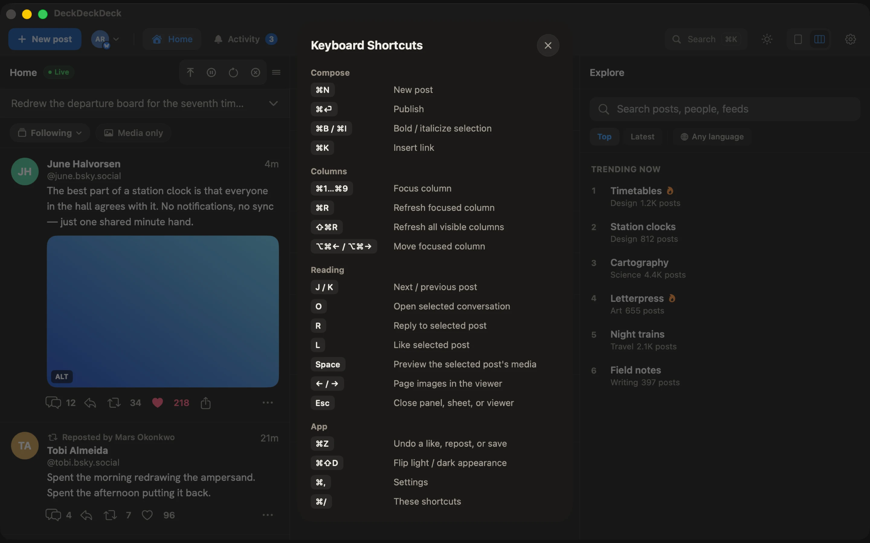The shortcuts sheet: ⌘1 to ⌘9 for columns, J and K for reading.