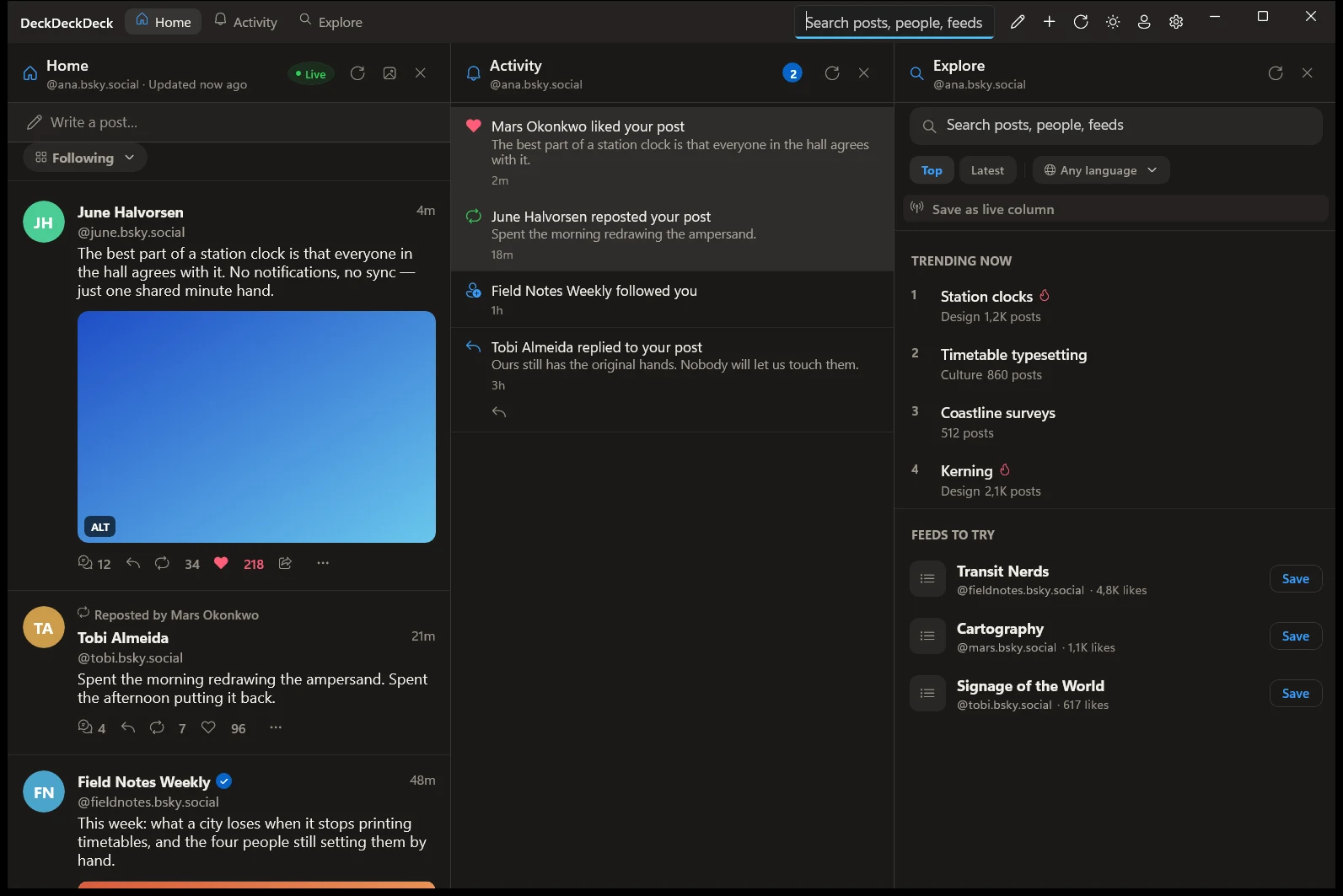 Deck³ on Windows, with Home, Activity and Explore side by side.